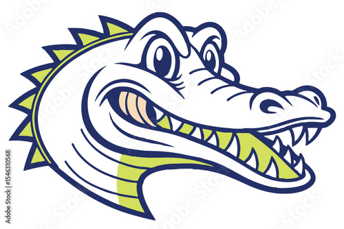 Fierce alligator cartoon head displays sharp teeth and spines, rendered in a bold, vibrant style