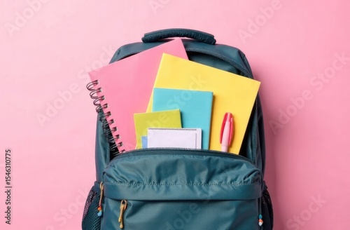 COVID-19 prevention while going back to school and new normal concept.Top view of backpack with school supplies , blue polka dot fabric masks and sanitizer gel on pink background.
