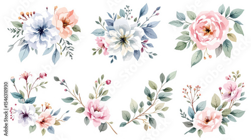 Spring flowers collage, Watercolor floral background, set of floral elements