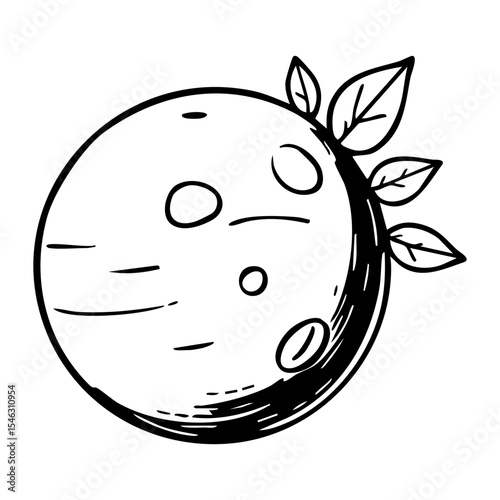 A charming hand drawn illustration of a stylized moon with crater details and small leaves extending from its side