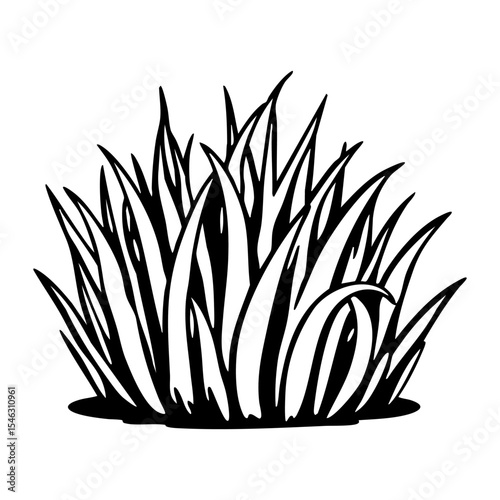 A bold black and white graphic illustration of a dense clump of spiky grass with contrasting shadows