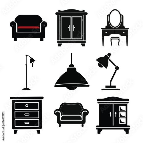 Black silhouette of furniture  icon set, Home furniture icon set black vector with sofa, cupboard, lamp, bookshelf, shoe cabinet, and nightstand