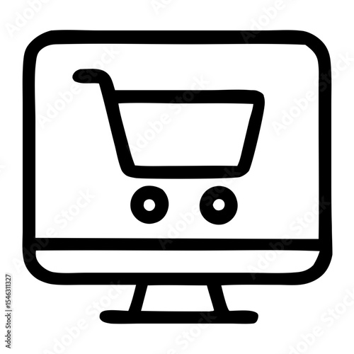 Handdrawn Outline Computer Monitor Shopping Cart Online Shop E-commerce Icon
