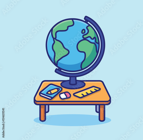 Cute globe on school desk cartoon vector icon illustration school education icon concept isolated design