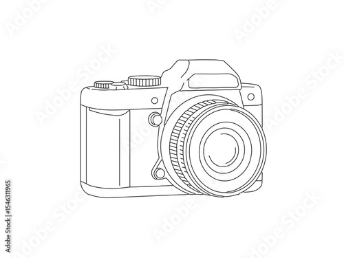 Line art Camera:A clean and simple line art illustration of a DSLR camera, perfect for graphic design projects related to photography, technology or hobbies.
