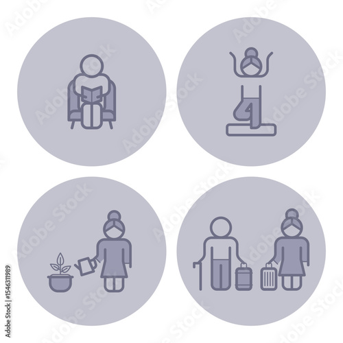 Collection of various icons representing activities for elderly individuals, such as reading, exercising, gardening, and social interaction, highlighting their daily routines