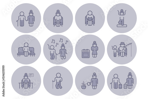 Set of icons illustrating various activities for elderly individuals, including socializing, exercising, gardening, and enjoying music