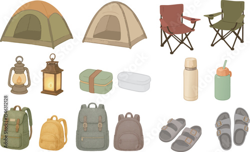 Mountain Camping and Outdoor Gear Set – Hand-Drawn Natural Style Camping Equipment Illustrations