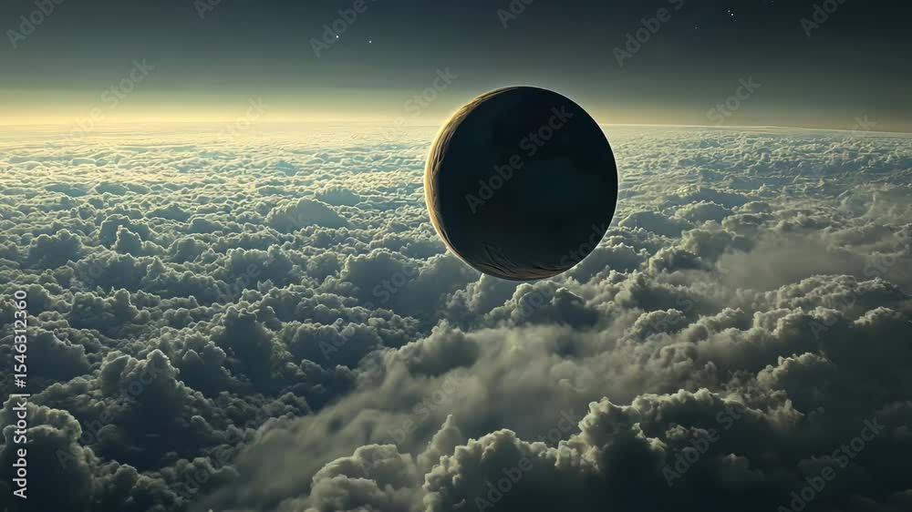 Dark celestial body above a thick cloud layer