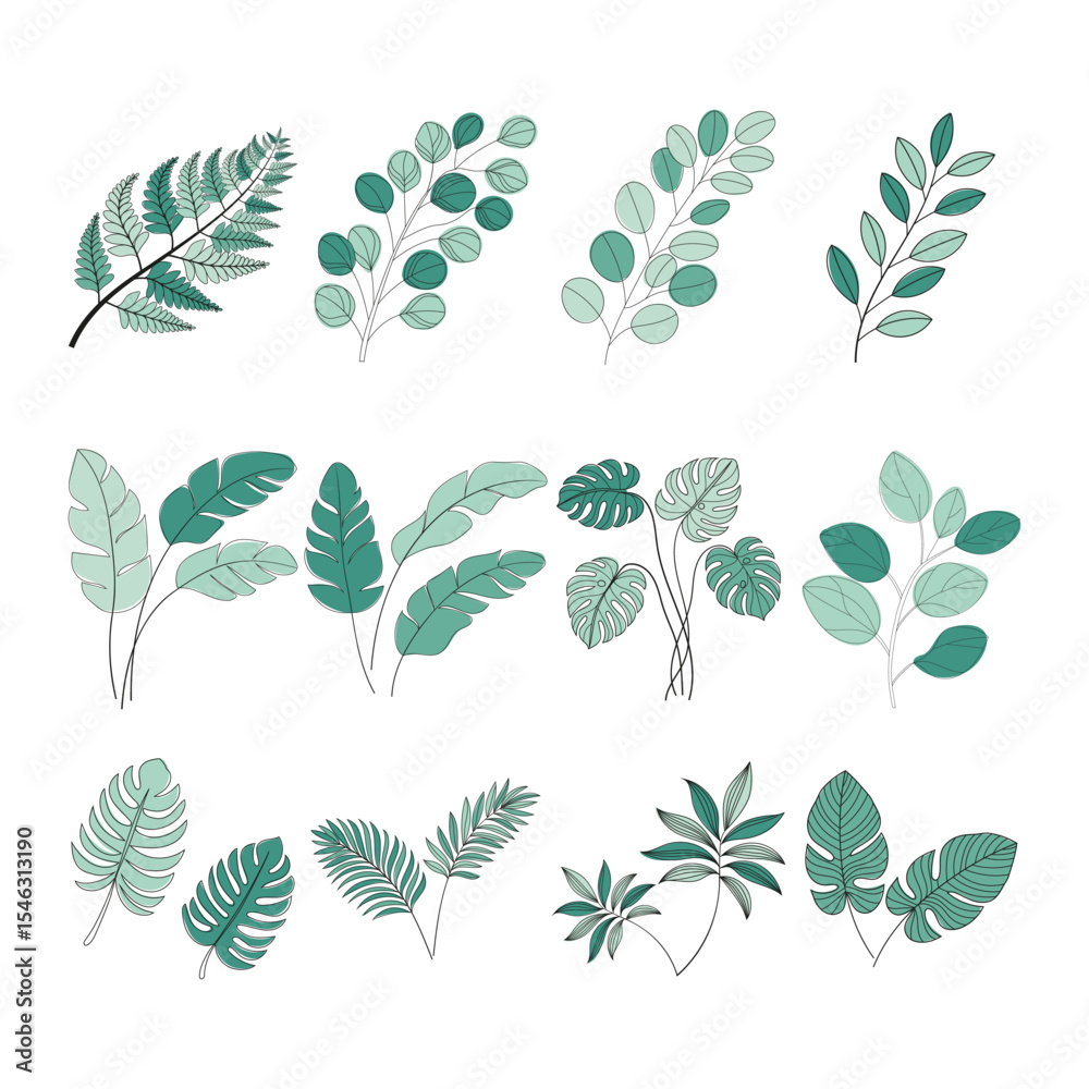Naklejka premium Green Stitched Botanical Leaf Set