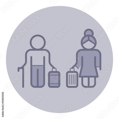 Elderly couple with suitcase and cane, showcasing their readiness for travel. Companionship and adventure concept