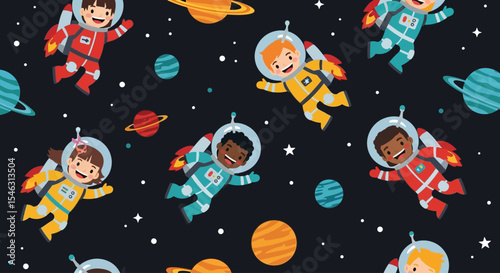 Seamless Pattern of Kids in Space Suits with Rocket Backpacks – Cute Cartoon Vector Design for Children’s Fabric, Wallpaper, and Education Themes