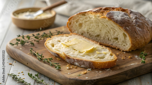 A warm slice of freshly baked artisan bread, still crisp on the outside with a soft, airy crumb inside, resting on a rustic wooden cutting board