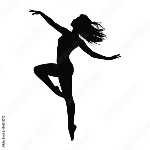 woman in Hair flip mid-move dance freeze dance pose, A dynamic silhouette of a ballerina in mid-leap, showcasing a fluid and graceful pose.