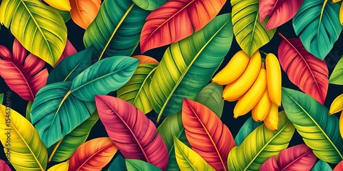 Abstract tropical leaf & banana seamless pattern, vibrant colors, painterly texture,  contemporary,   element