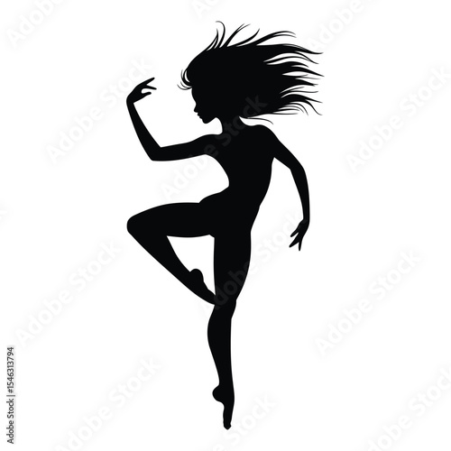 woman in Hair flip mid-move dance freeze dance pose, A captivating silhouette of a ballerina in mid-leap, showcasing a dynamic pose and flowing hair.