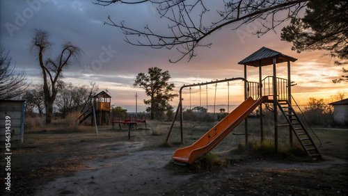 An abandoned yet peaceful playground at dusk, bathed in the soft golden glow of fading sunlight