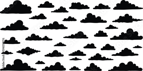 Black cloud silhouette vector collection, cartoon style sky elements, weather icons, storm cloud shapes for digital graphic design projects