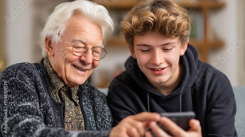 Elderly person being taught how to use a smartphone by a teenager at home, generational learning, warm expression, digital adaptation, ultra-realistic, clean indoor background, no text, no logo 