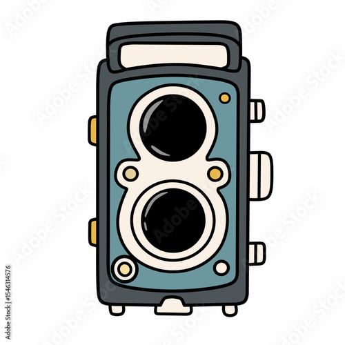 Hand-drawn twin lens box camera in vintage teal and cream colors. Flat doodle style, ideal for retro, antique tech themes, or photography design collections.