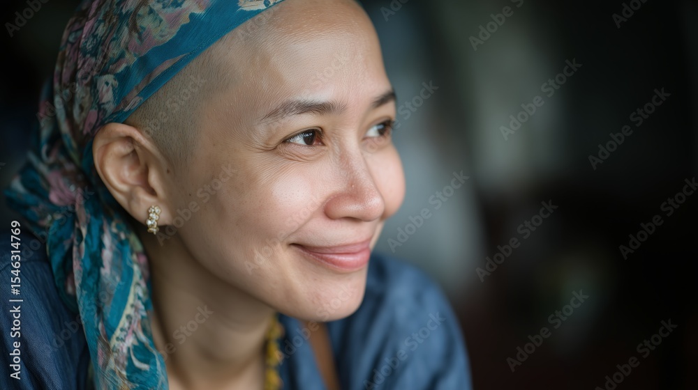 Close-up portrait of Asian woman with shaved head and headscarf smiling softly, natural light, white clinical background, cancer survivor concept, emotional yet hopeful tone Close-up portrait of Asian woman with shaved head and headscarf smiling softly, natural light, white clinical background, cancer survivor concept, emotional yet hopeful tone