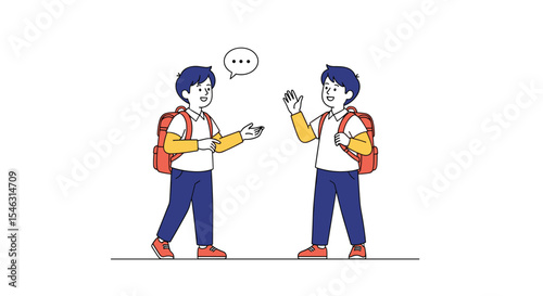 Two Young Students with Backpacks Talking About Technology or Project for School Day