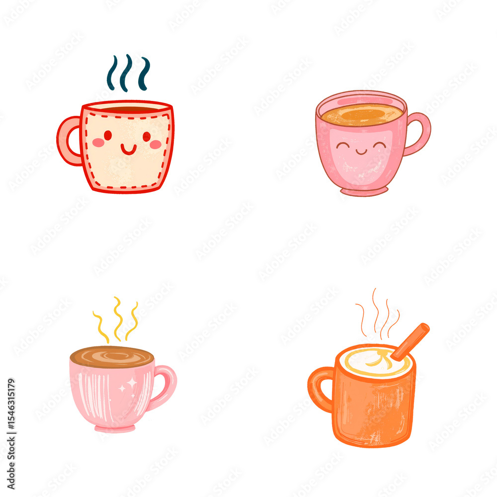 Obraz premium Cute illustrated mugs with smiling faces and steaming drinks for National Coffee Day 