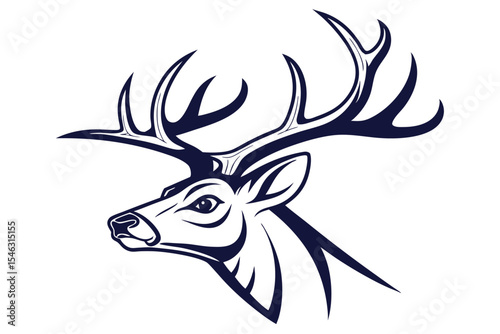 Detailed stag head with magnificent antlers rendered in a striking monochromatic navy blue palette