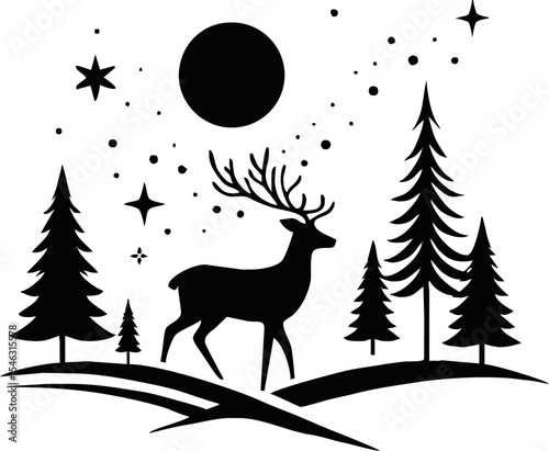 Beautiful silhouettes deer on white background. Winter elements for decor and holiday postcards. Vector illustration