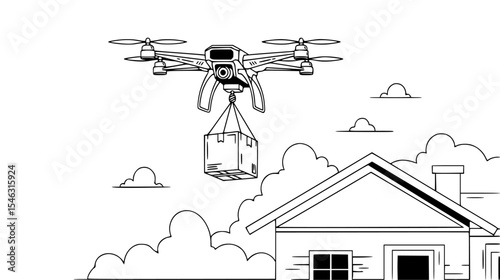Line Art of a Drone Delivering a Package Above a House: A Modern Concept of Residential Aerial Delivery Solutions in Action