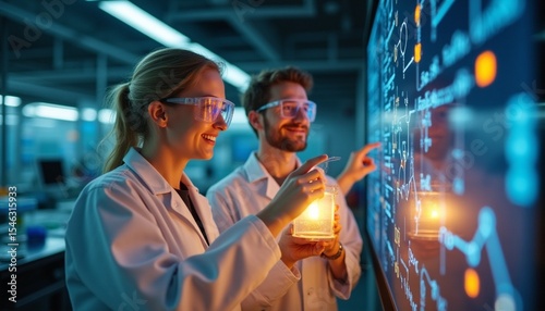 Collaborative Science: Digital Chemistry & Biotech Analysis: Scientists interacting with glowing chemical diagrams on large screens, symbolizing teamwork in cutting-edge research. photo