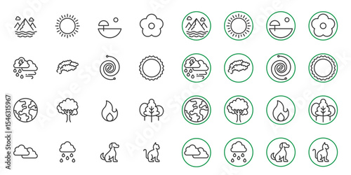 Nature icon line set. editable stroke. vector illustration ,nature, summer, sky, flowers, dog, cat, wate, clouds