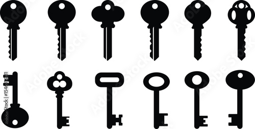 Silhouette collection of modern and vintage keys, vector illustration of security access icons, antique and traditional key set graphic