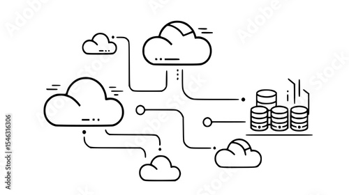 A conceptual illustration of a cloud computing network, symbolizing interconnected data storage and online services. Ideal for topics related to internet infrastructure, digital transformation, and bu