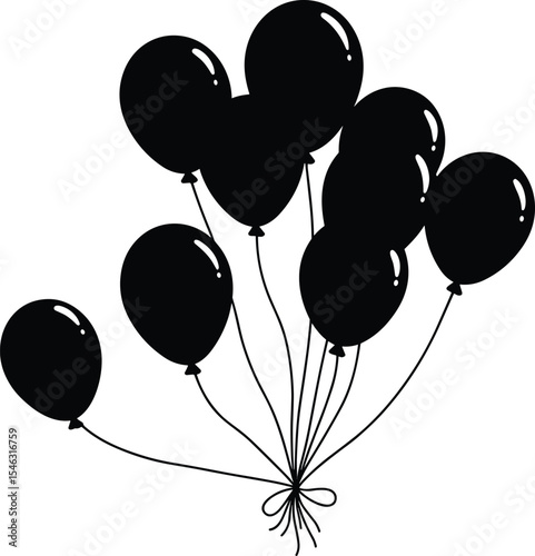 Black silhouette of bunch of floating balloons, party celebration vector illustration, suitable for birthday, decoration, event design, and print