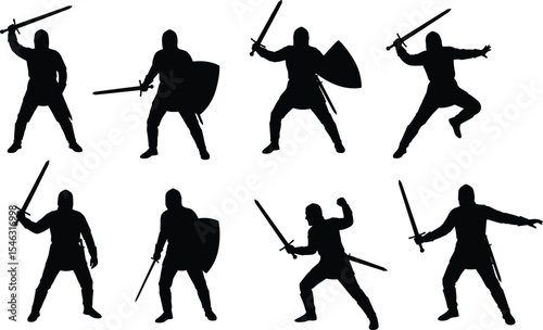 Silhouette of medieval knights in battle poses with swords and shields, vector illustration for fantasy, war, game, or historical design