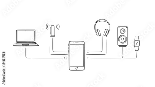 Graphic illustration of interconnected smart devices including a smartphone, laptop, headphones, and speakers for seamless audio and connectivity