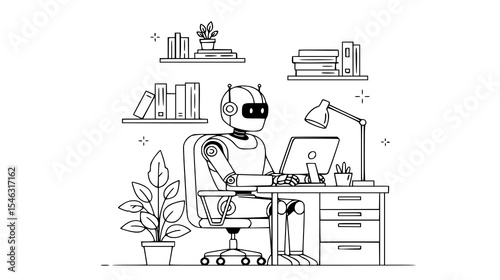 Creative illustration of a robot working at a desk with plants and books, representing the future of AI in home and office environments