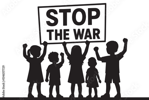 Vector background showing silhouettes of children playing, with bold text “Stop the War” to emphasize peace, innocence, and anti violence message.

