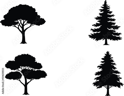 Silhouette tree vector set, pine and deciduous trees, forest elements, black nature icons for landscape design, illustration, and decoration