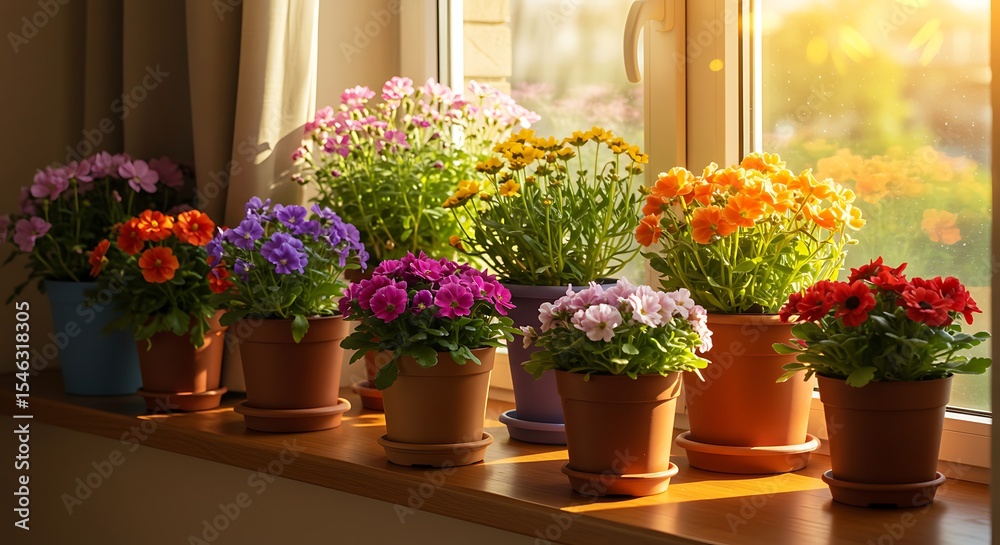 Fototapeta premium Colorful Potted Flowers on a Sunny Windowsill