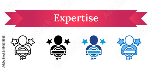 Expertise - Multi Style Icon - Person with badge and stars, symbolizing mastery, certification, and trusted knowledge