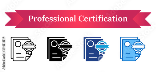 Professional Certification - Multi Style Icon - Official documents with certification badge, indicating verified credentials and qualifications