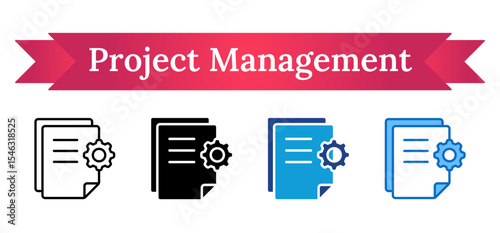 Project Management - Multi Style Icon - Documents and gear icon representing structured planning, coordination, and task execution in projects