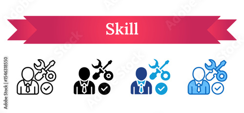 Skill - Multi Style Icon - Person with wrench, gear, and checkmark, representing certified technical or manual skills