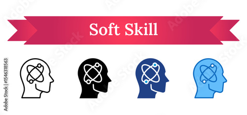 Soft Skill - Multi Style Icon - Human head with atom symbol, reflecting emotional intelligence, communication, and mental flexibility