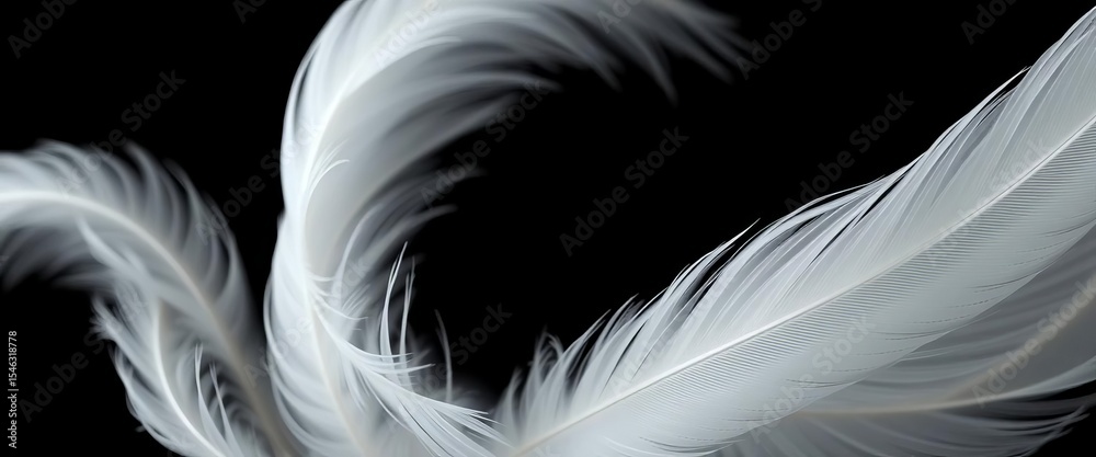 Fototapeta premium Delicate white bird feathers, softly curved, against a stark black backdrop, wings, detail