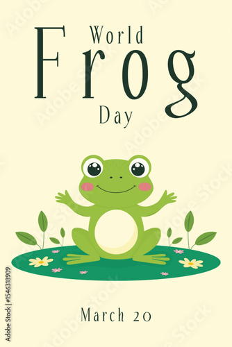 World Frog Day Minimalist Poster with Cute Frog on Lily Pad Vector Illustration.