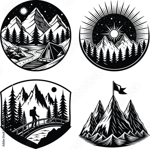 Sketch route to mountain peak. Hand drawn sketch mountains, path to top and climbing journey plan vector illustration set. Red flag on top. High destination, achievement and success symbol