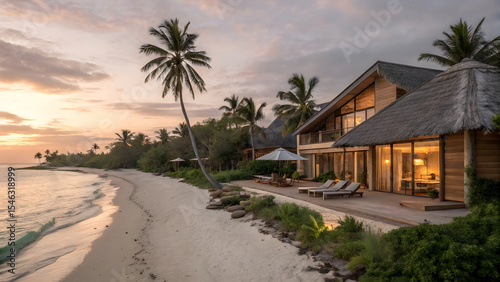 A breathtaking luxury eco-resort featuring elegantly designed wooden villas positioned along a tranquil, palm-lined beach at sunset